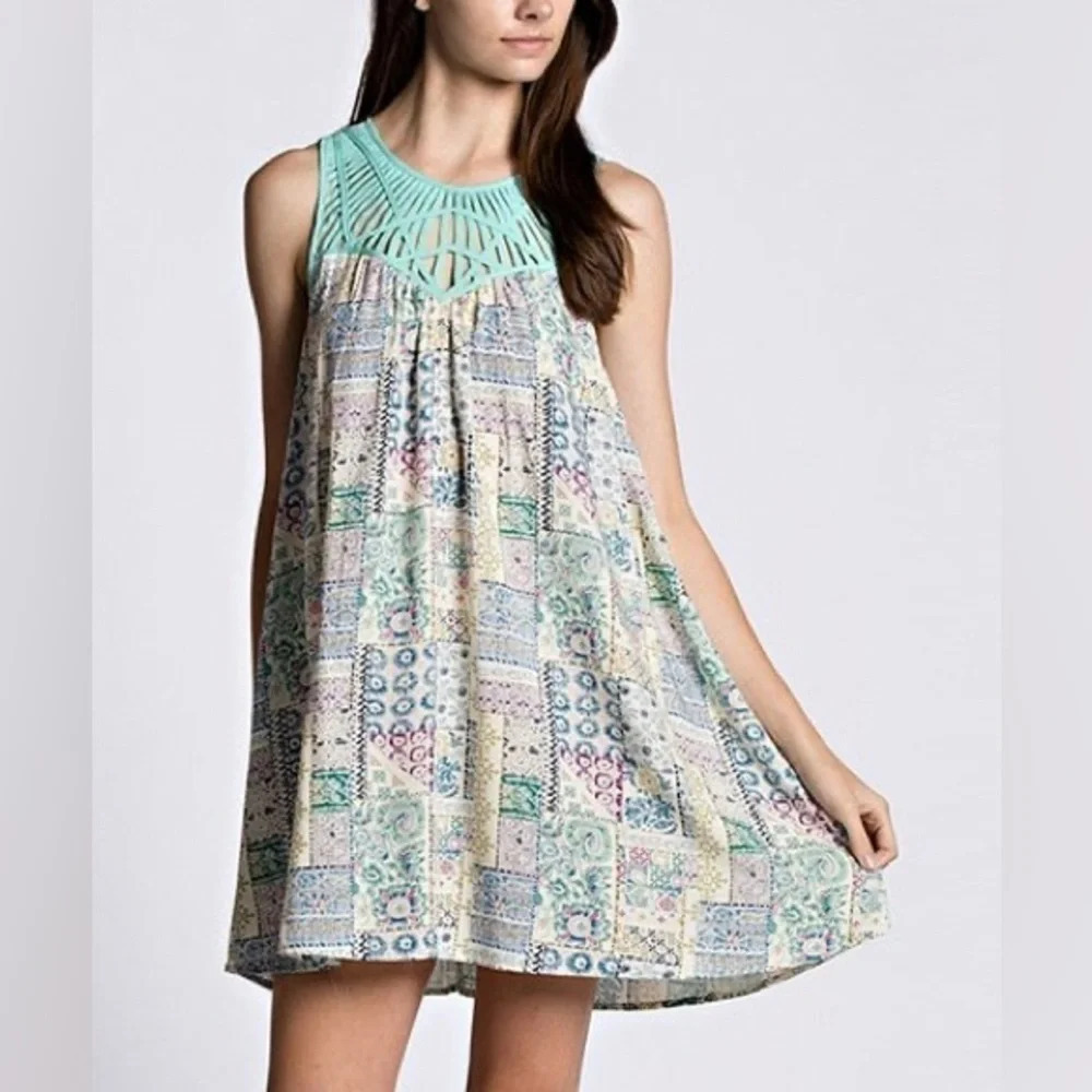 KORI America Aqua Patchwork Boho Sleeveless Dress NWOT